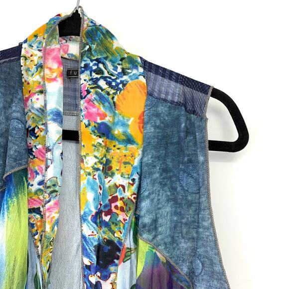 Fun Sport Womens Mix Media Patchwork Vest Kimono L Multicolor Boho Asymmetrical - Picture 3 of 6